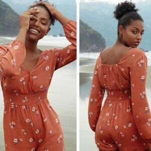 AE XL Romper Playsuit Burnt Orange Ditsy Floral V-neck Wrap Front Pockets Comfy